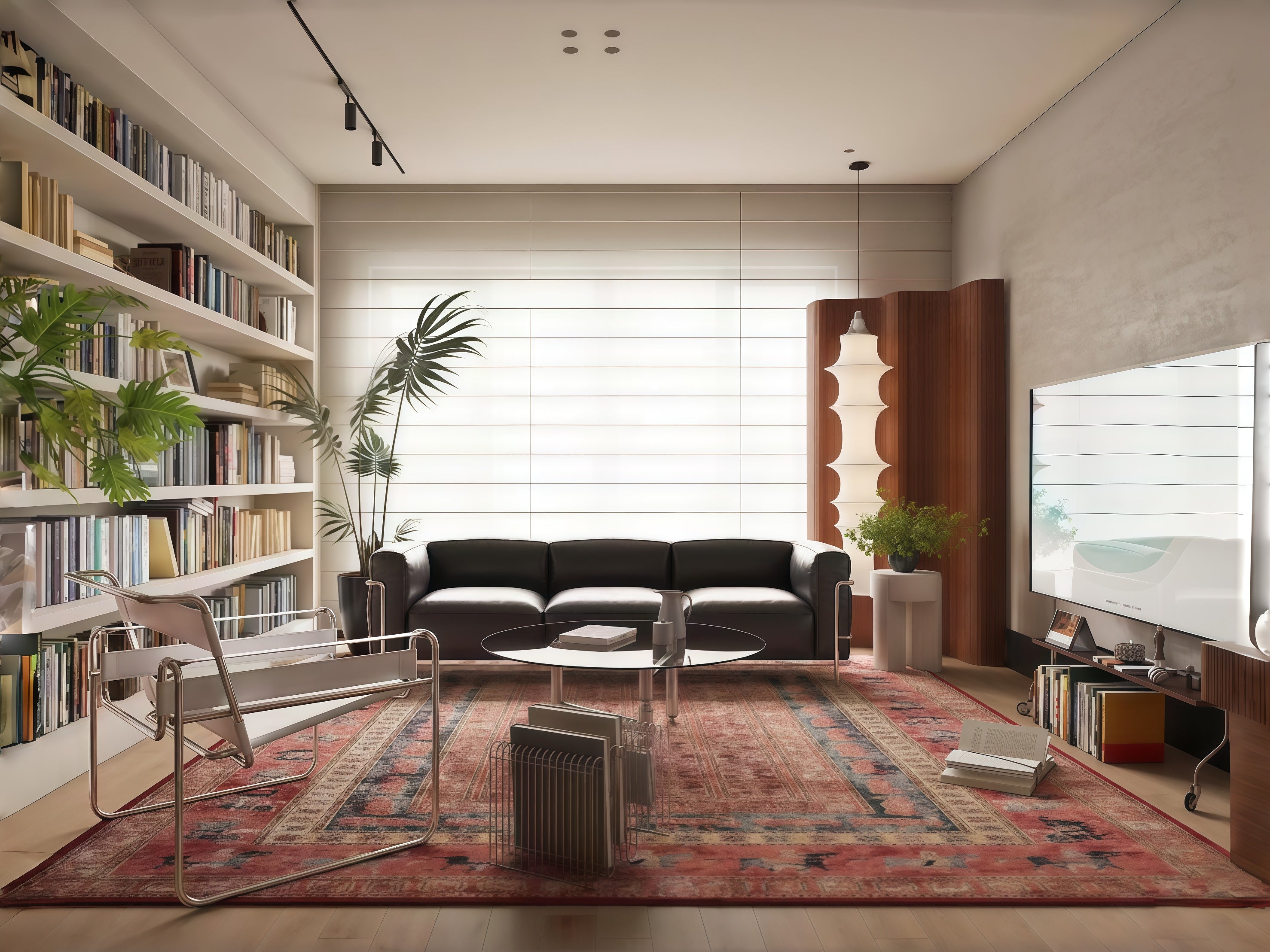 Layered Sophistication: Creating Balance with Bookshelves, Furniture, and Rugs