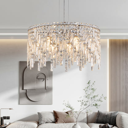 Luxurious Round Silver Crystal Chandelier, Contemporary Rectangular Pendant Light for Dining Room, Living Room, and Grand Foyers (Bulbs Not Included)