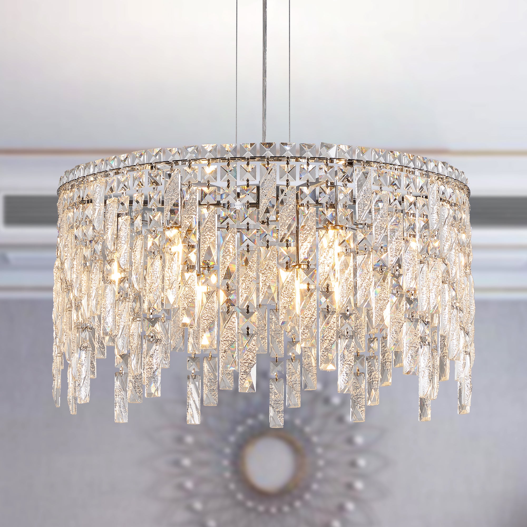 Luxurious Round Silver Crystal Chandelier, Contemporary Rectangular Pendant Light for Dining Room, Living Room, and Grand Foyers (Bulbs Not Included)