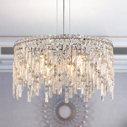 Luxurious Round Silver Crystal Chandelier, Contemporary Rectangular Pendant Light for Dining Room, Living Room, and Grand Foyers (Bulbs Not Included)