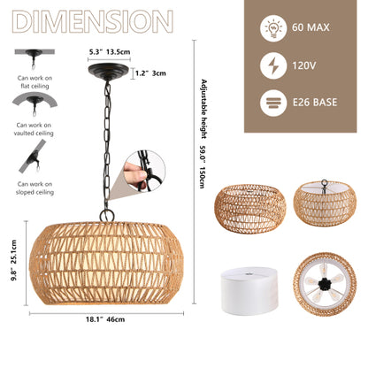 18" Farmhouse Pendant Light with Adjustable Height, Boho Woven Jute Rope Hanging Ceiling Light Fixture, E26 Base, 60W Max, Compatible with Flat, Vaulted, and Sloped Ceil (Bulb Not Included)