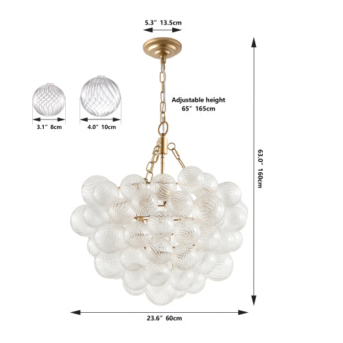 Gold Pendant Light Chandelier with Threaded Clear Glass Globe Shade – Adjustable Height