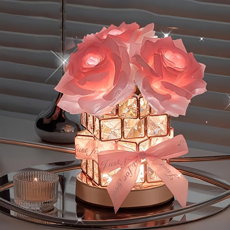 Lámpara de mesa con rosas de cristal y luces navideñas