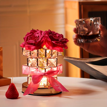 Lámpara de mesa con rosas de cristal y luces navideñas