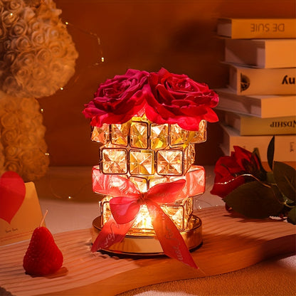 Lámpara de mesa con rosas de cristal y luces navideñas