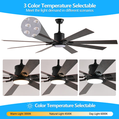 72" Walnut LED Ceiling Fan Light with 8 Wooden Blades, Remote Control, Adjustable Color Temperature for Living Room, Bedroom, or Dining Room