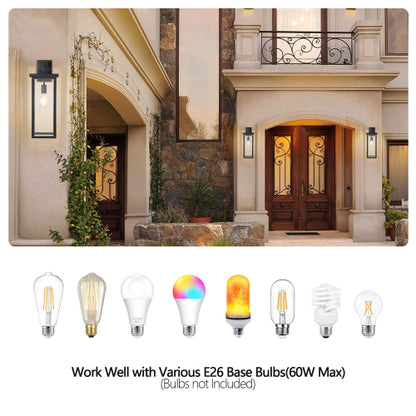 20"(H) Set of 2 Modern Outdoor Wall Lanterns with Black Metal Frame and Clear Glass, Weatherproof Wall Sconces for Porch, Garage, or Entryway Lighting, E26 Bulb Compatible (No Bulbs)