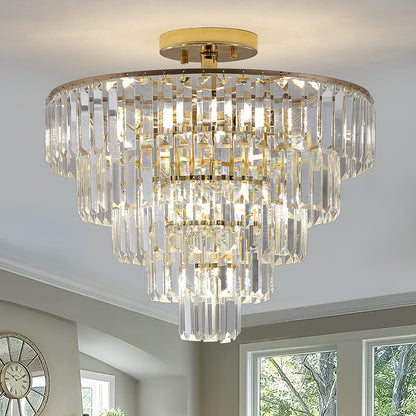 Gold Crystal Chandeliers,5-Tier Round Semi Flush Mount Chandelier Light Fixture