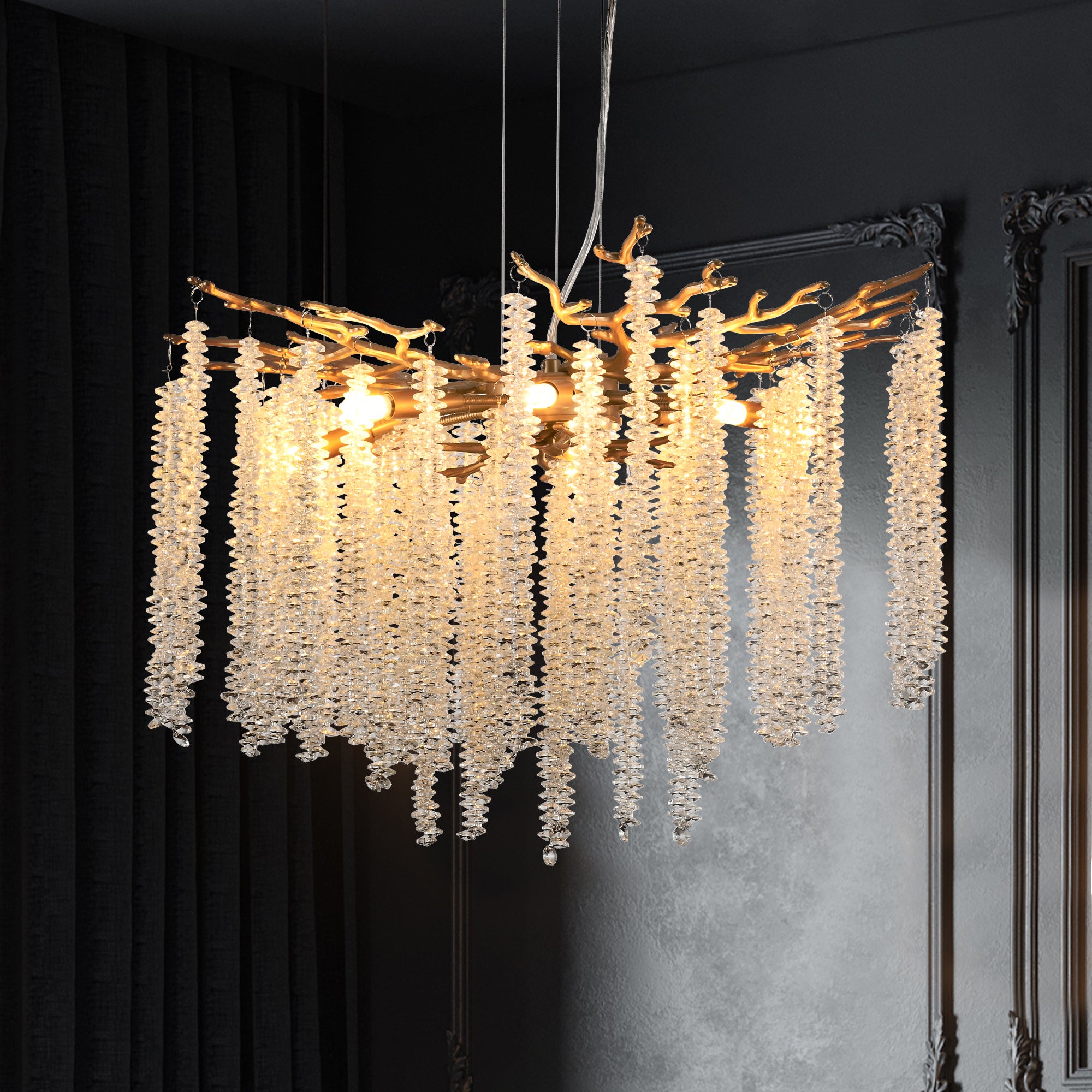 23.6-inch Modern Golden Pendant Light with Cascading Crystal Strands