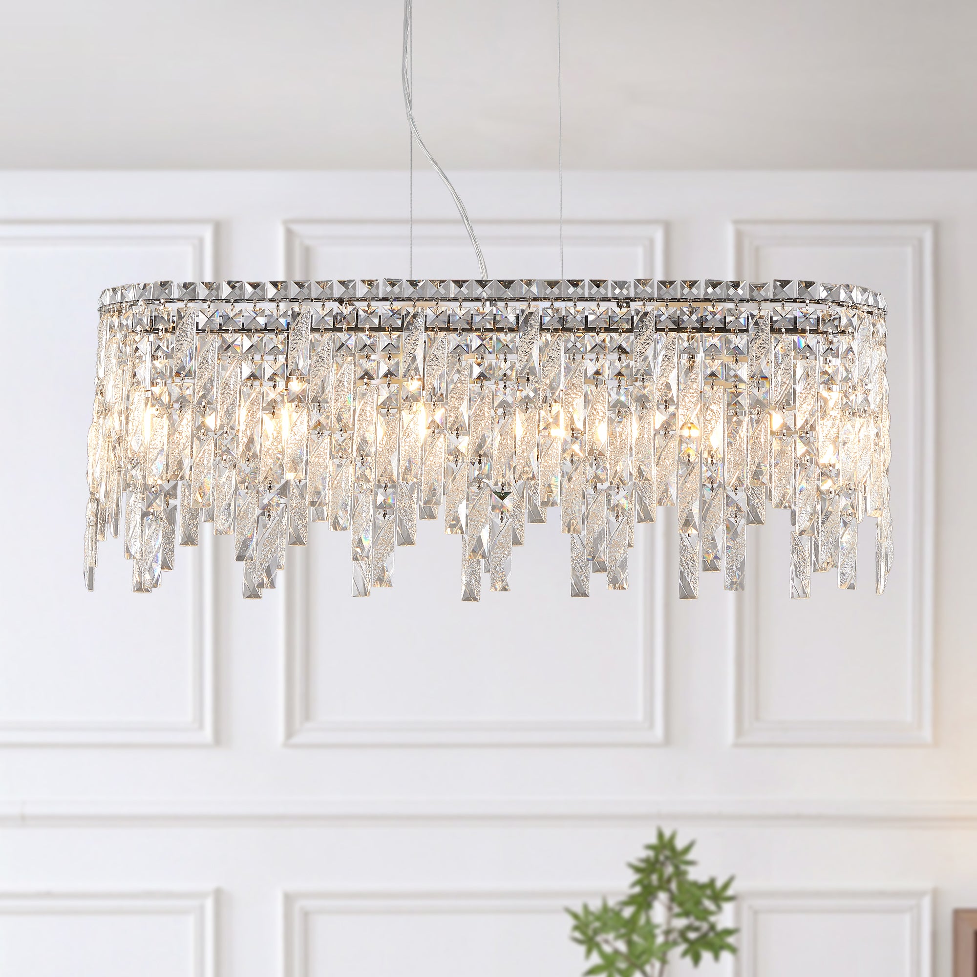 Silver Elegant Oval Crystal Chandelier, Modern Ceiling Light Fixture with Reflective Hanging Crystals for Dining Room, Living Room, and FoyerS (Bulbs Not Included)