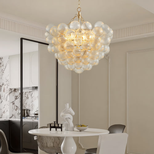 Gold Pendant Light Chandelier with Threaded Clear Glass Globe Shade – Adjustable Height