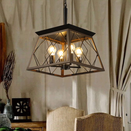 16" Industrial 4-Light Pendant Chandelier, Modern Metal Cage Design, Adjustable Hanging Light for Dining Room, Kitchen, Living Room (No Bulbs)