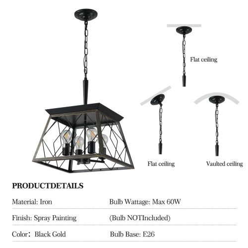 16" Industrial 4-Light Pendant Chandelier, Modern Metal Cage Design, Adjustable Hanging Light for Dining Room, Kitchen, Living Room (No Bulbs)