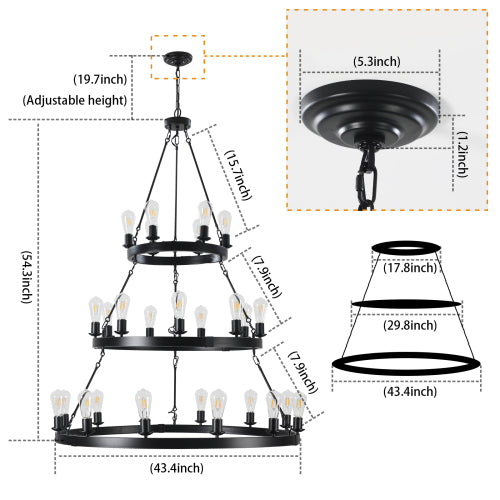 27 Light Metal Ring Chandelier Black (No Bulbs)