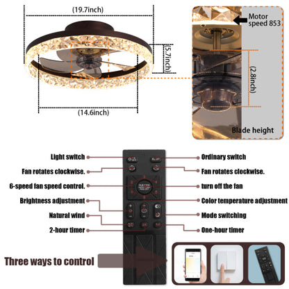 Low Profile Ceiling Fan with Light and Remote Control, Dimmable LED Ceiling Fan, 6 Speeds, Timing Reversible Blades, Brown, 20"