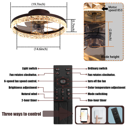 Low Profile Ceiling Fan with Light and Remote Control, Dimmable LED Ceiling Fan, 6 Speeds, Timing Reversible Blades, Brown, 20"