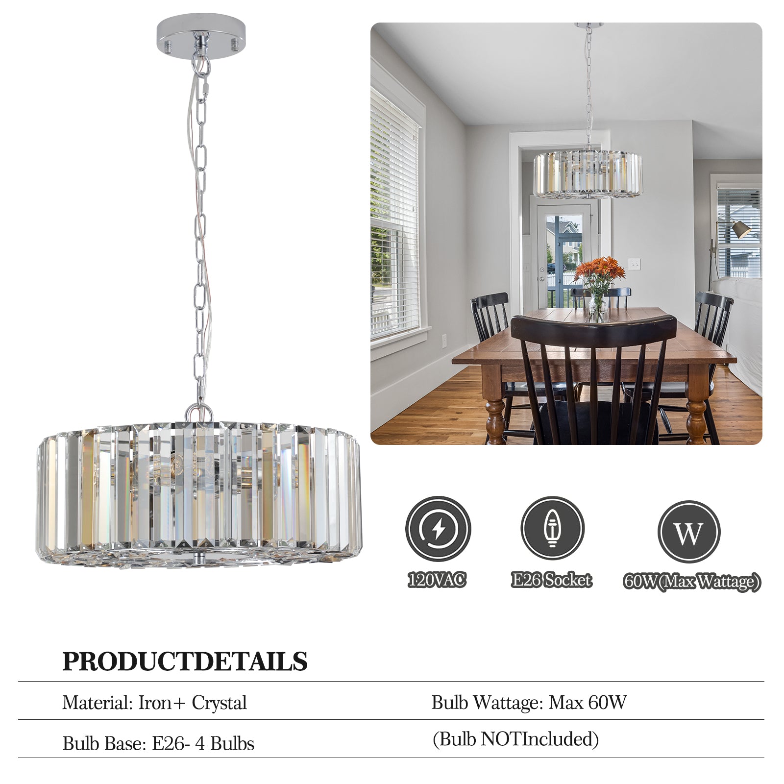 17" Chrome Crystal Pendant Chandelier, Modern Hanging Light Fixture with Adjustable Height, 4-Light E26 Base for Living Room, Dining Room, or Kitchen (No Bulbs)