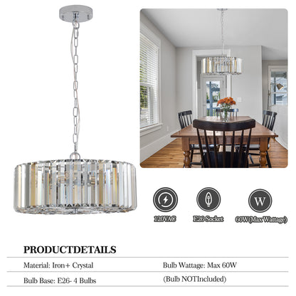 17" Chrome Crystal Pendant Chandelier, Modern Hanging Light Fixture with Adjustable Height, 4-Light E26 Base for Living Room, Dining Room, or Kitchen (No Bulbs)