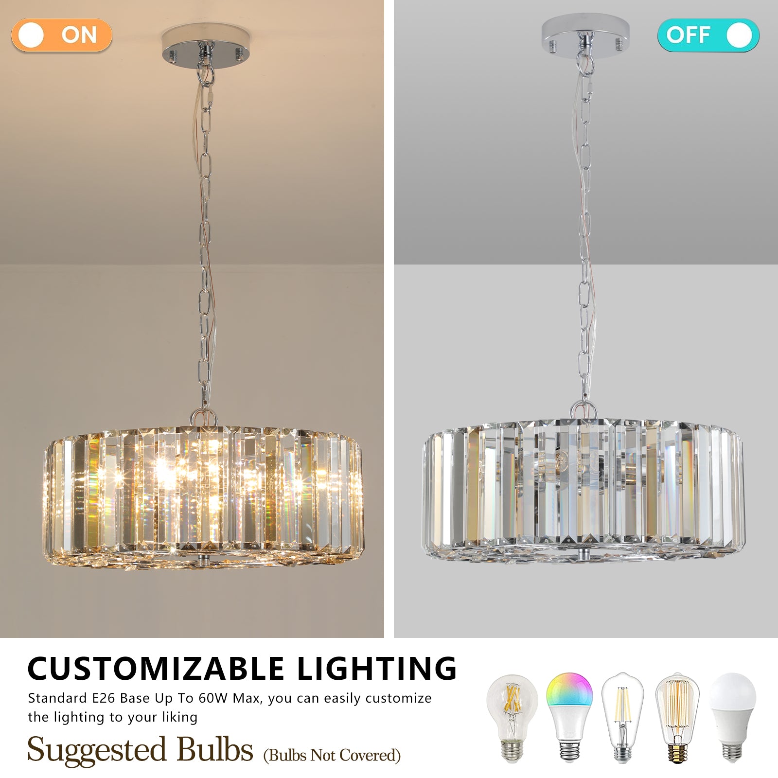 17" Chrome Crystal Pendant Chandelier, Modern Hanging Light Fixture with Adjustable Height, 4-Light E26 Base for Living Room, Dining Room, or Kitchen (No Bulbs)