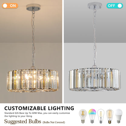 17" Chrome Crystal Pendant Chandelier, Modern Hanging Light Fixture with Adjustable Height, 4-Light E26 Base for Living Room, Dining Room, or Kitchen (No Bulbs)