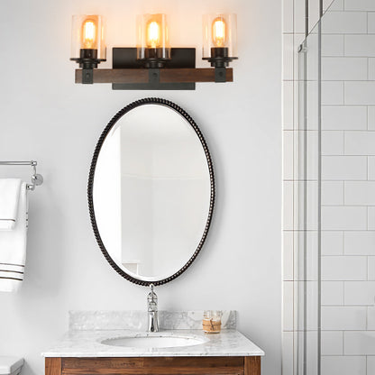 Rustic Vanity Light, Industrial Bathroom Wall Sconce with Glass Shades and Wood Accent, Modern Farmhouse Lighting Fixture (No Bulbs)