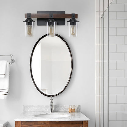 Rustic Vanity Light, Industrial Bathroom Wall Sconce with Glass Shades and Wood Accent, Modern Farmhouse Lighting Fixture (No Bulbs)