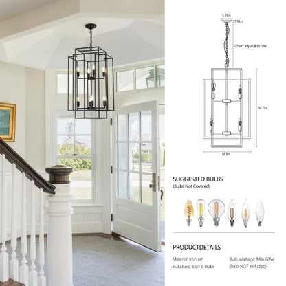 8-Lights Lantern Tiered Pendant Light Fixtures, Industrial Farmhouse Hanging Chandelier (No Bulbs)