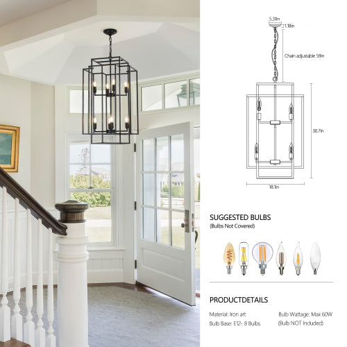 8-Lights Lantern Tiered Pendant Light Fixtures, Industrial Farmhouse Hanging Chandelier (No Bulbs)