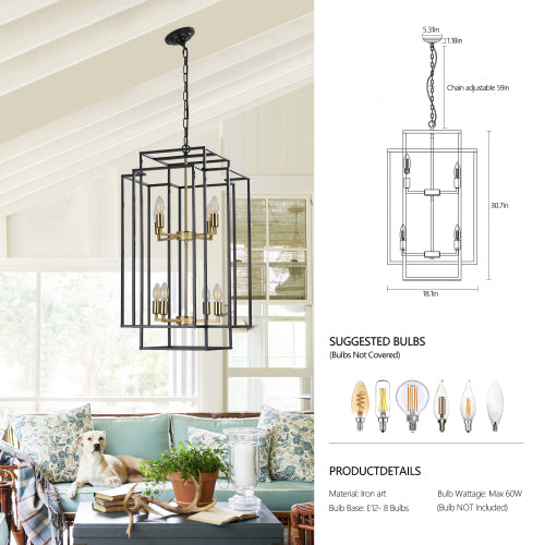 8-Lights Lantern Tiered Pendant Light Fixtures, Industrial Farmhouse Hanging Chandelier (No Bulbs)