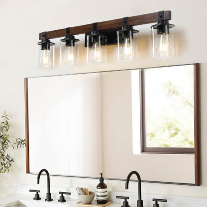 Rustic Vanity Light, Industrial Bathroom Wall Sconce with Glass Shades and Wood Accent, Modern Farmhouse Lighting Fixture (No Bulbs)