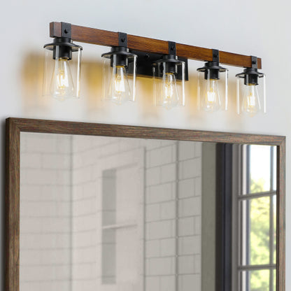 Rustic Vanity Light, Industrial Bathroom Wall Sconce with Glass Shades and Wood Accent, Modern Farmhouse Lighting Fixture (No Bulbs)