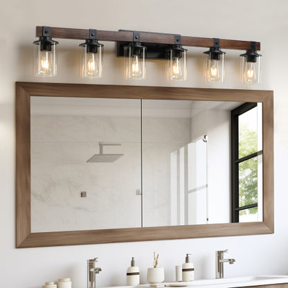 Rustic Vanity Light, Industrial Bathroom Wall Sconce with Glass Shades and Wood Accent, Modern Farmhouse Lighting Fixture (No Bulbs)