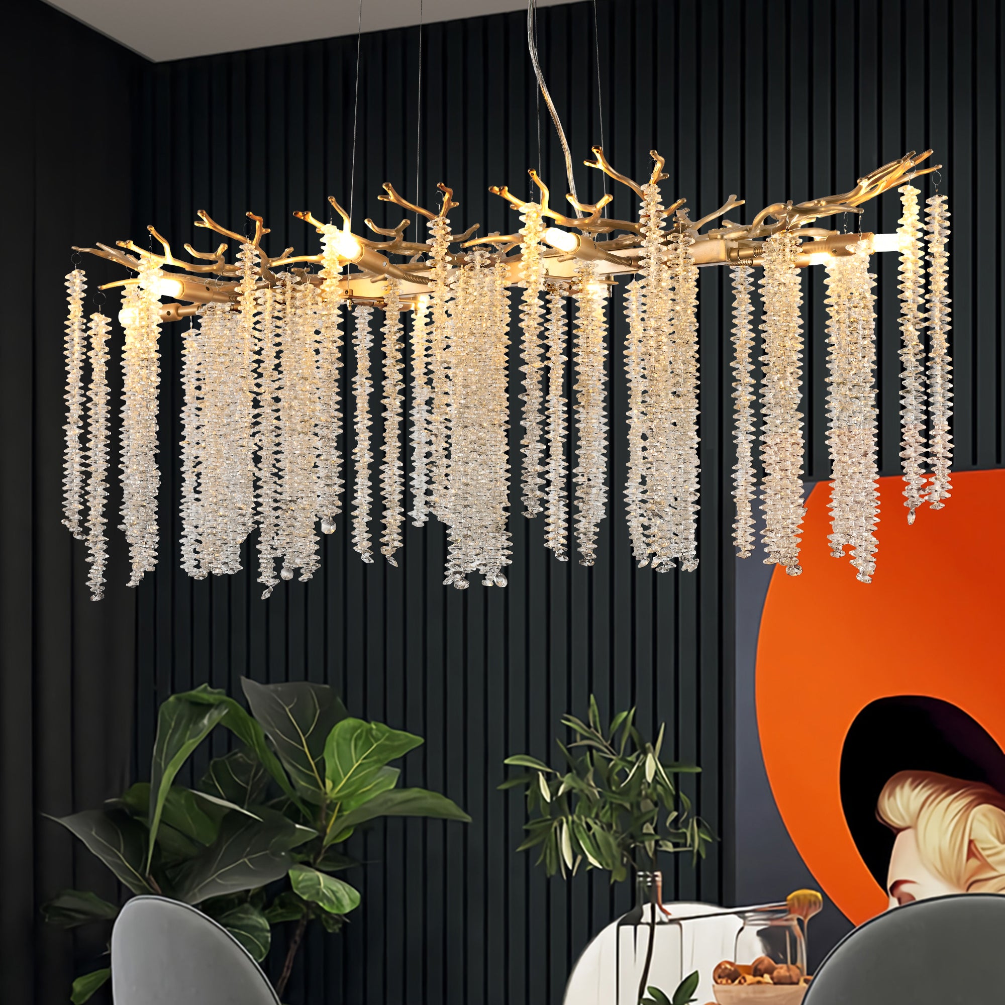 39.4-inch Modern Golden Pendant Light with Cascading Crystal Strands