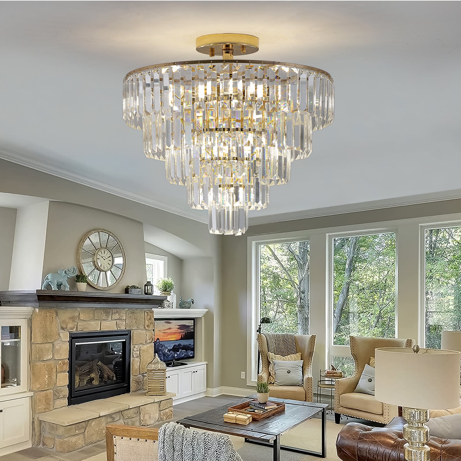 Gold Crystal Chandeliers,5-Tier Round Semi Flush Mount Chandelier Light Fixture