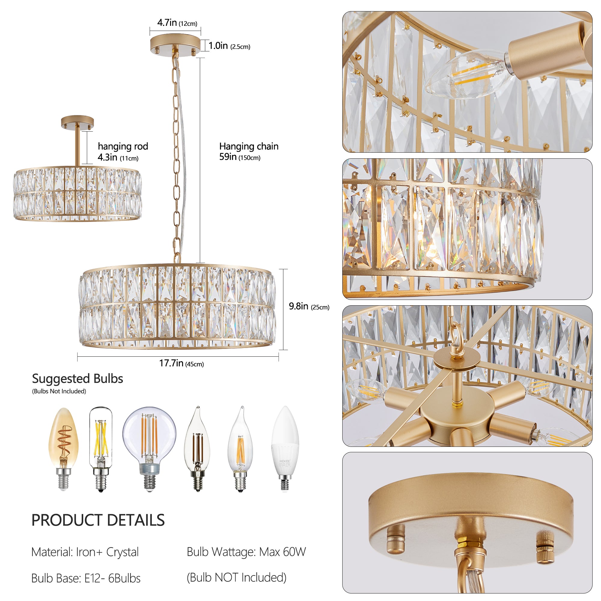 Modern Crystal Drum Chandelier, 6-Light Pendant Lighting Fixture with Golden Metal Frame for Living Room, Dining Room, and Bedroom (Bulbs Not Included)