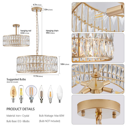 Modern Crystal Drum Chandelier, 6-Light Pendant Lighting Fixture with Golden Metal Frame for Living Room, Dining Room, and Bedroom (Bulbs Not Included)