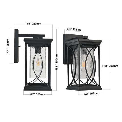 14"(H) 1-pack Black Outdoor Wall Lantern with Crackled Glass, Weather-Resistant Exterior Light Fixture, Modern Decorative Wall Sconce with E26 Base (Bulb Not Included)