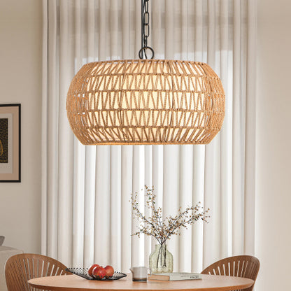 18" Farmhouse Pendant Light with Adjustable Height, Boho Woven Jute Rope Hanging Ceiling Light Fixture, E26 Base, 60W Max, Compatible with Flat, Vaulted, and Sloped Ceil (Bulb Not Included)