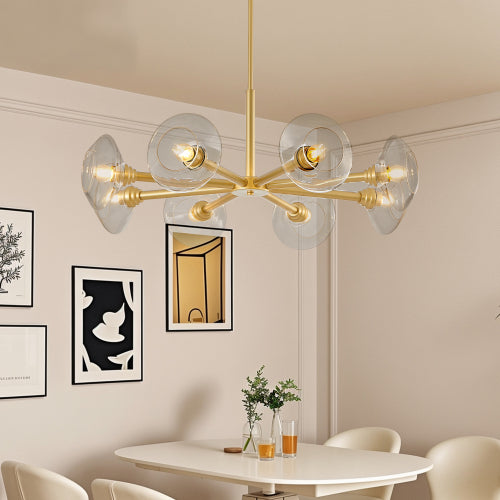 Modern Gold Sputnik Chandelier with Clear Glass Shades, Mid-Century Hanging Pendant Light Fixture (Bulb Not Included)