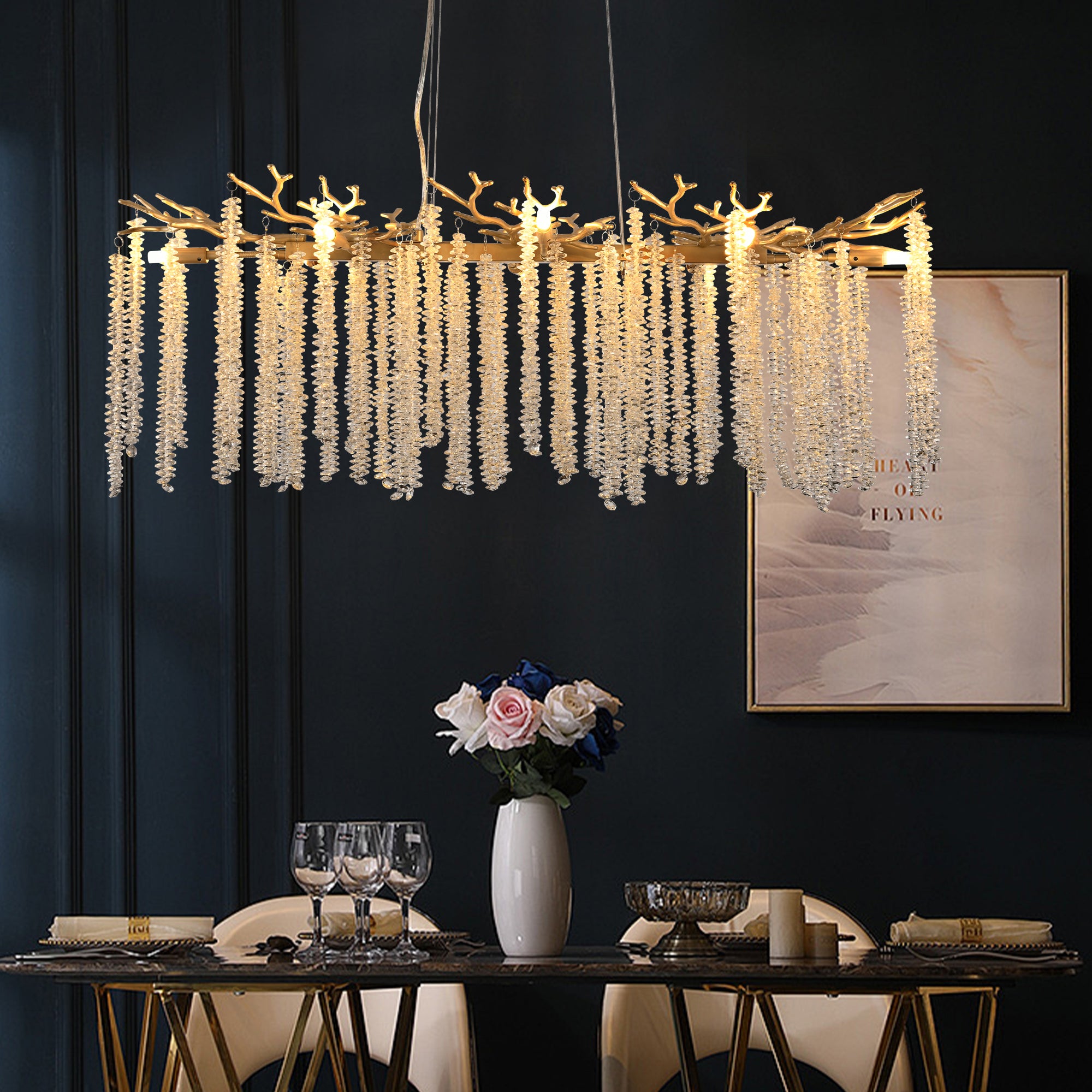 39.4-inch Modern Golden Pendant Light with Cascading Crystal Strands