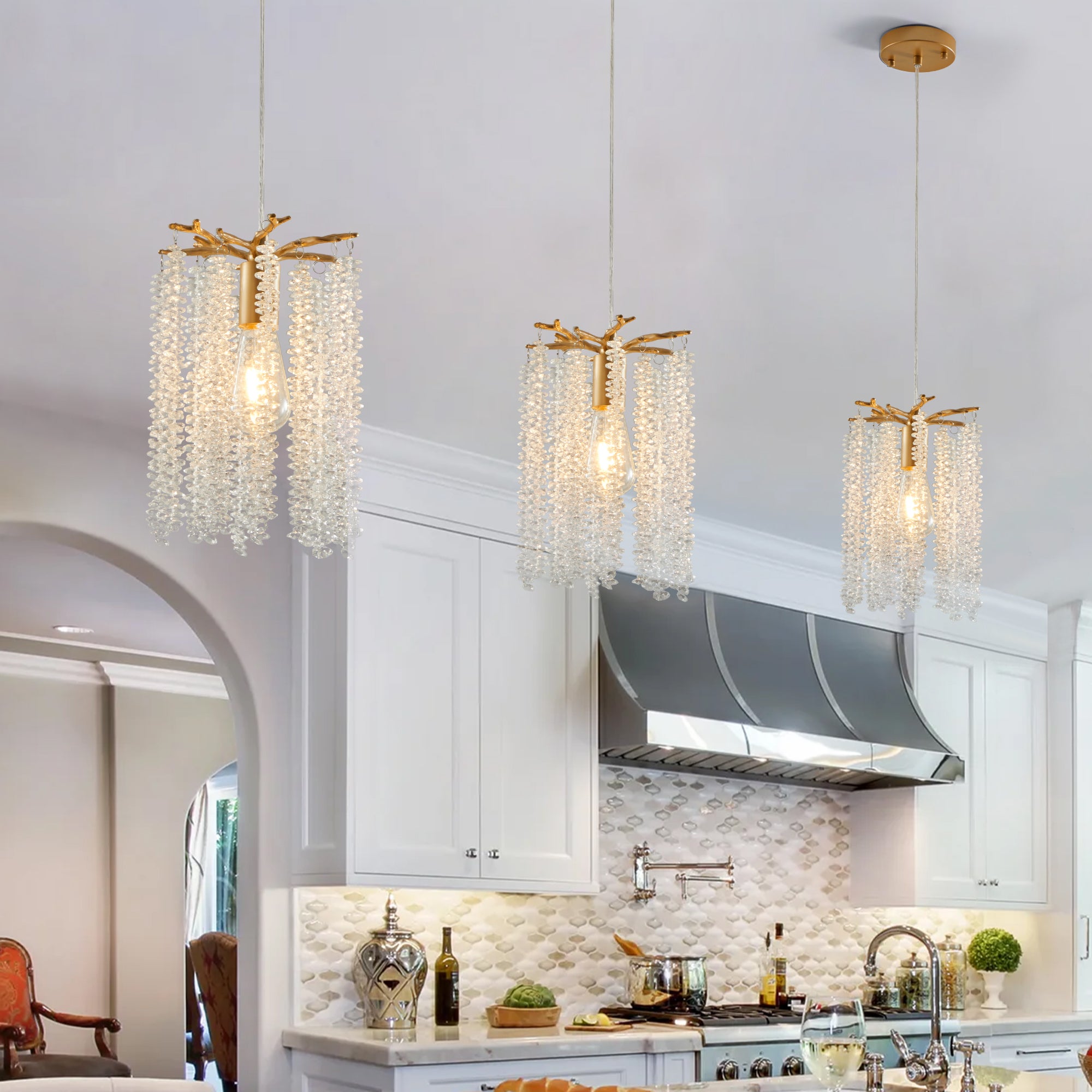 Luxury 3-Pack Crystal Pendant Lights, Elegant Golden Finish Chandelier with Waterfall Bead Design (No Bulbs)