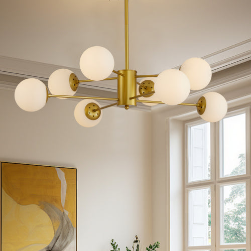 35" Modern 8-Light Gold Chandelier with White Glass Globe Shades, Mid-Century Branching Design, Elegant Ceiling Light Fixture for Dining Room, Living Room, or Bedroom (No Bulbs)