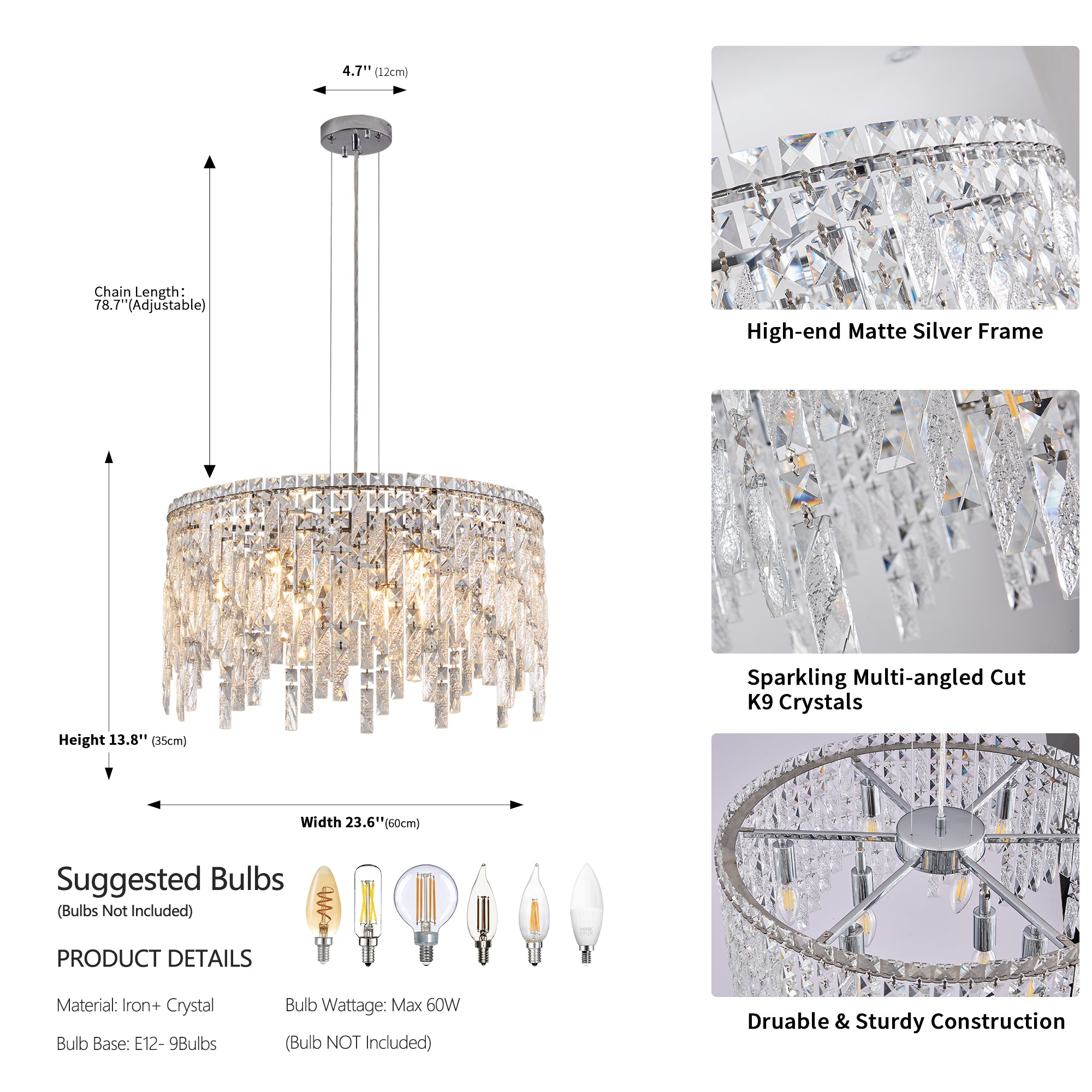 Luxurious Round Silver Crystal Chandelier, Contemporary Rectangular Pendant Light for Dining Room, Living Room, and Grand Foyers (Bulbs Not Included)