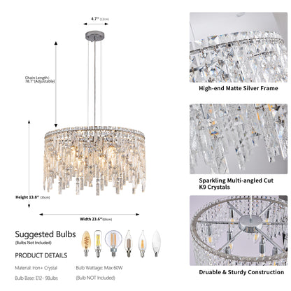 Luxurious Round Silver Crystal Chandelier, Contemporary Rectangular Pendant Light for Dining Room, Living Room, and Grand Foyers (Bulbs Not Included)