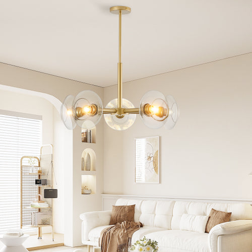 Modern Gold Sputnik Chandelier with Clear Glass Shades, Mid-Century Hanging Pendant Light Fixture (Bulb Not Included)