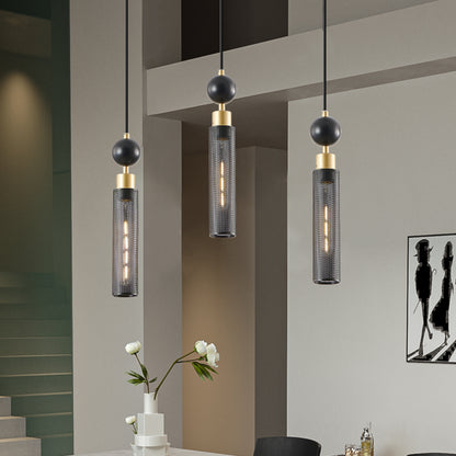 Modern Industrial Multi-Light Pendant Chandelier Light Black and Gold Adjustable Ceiling Light Fixture with Mesh Cylinder Shades