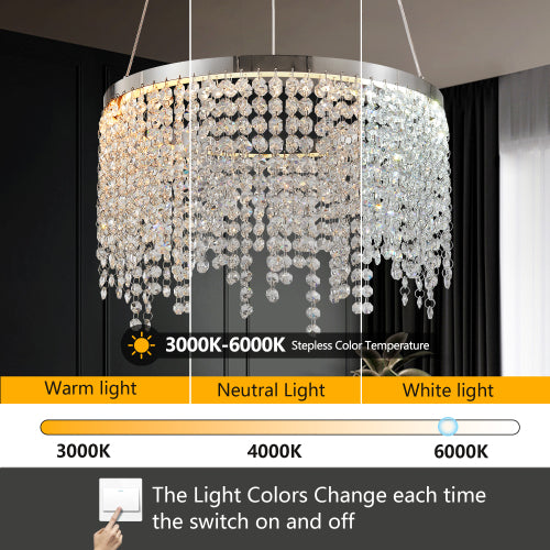 16-inch Luxury Crystal LED Chandelier - Adjustable Height and Color Temperature (3000K-6000K) - Modern Chandelier for Living Room, Dining Room and Bedroom