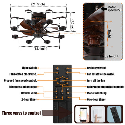 Ceiling Fan 21.7" with Dimmable Light DC Motor and 6 Speeds Reversible with Remote Control Flush Mount Low Profile Indoor with 5 Blade for Living Room, Bedroom