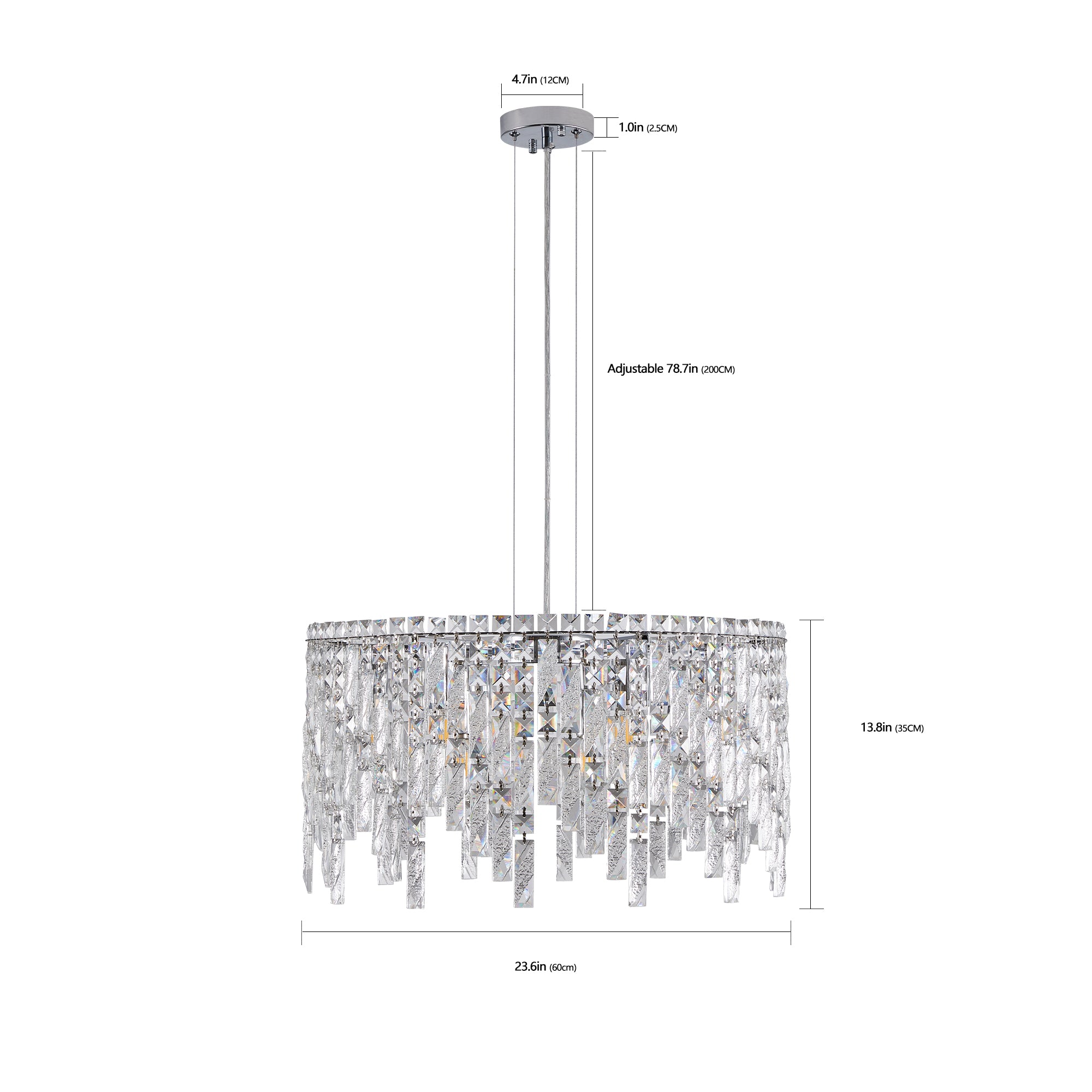 Luxurious Round Silver Crystal Chandelier, Contemporary Rectangular Pendant Light for Dining Room, Living Room, and Grand Foyers (Bulbs Not Included)