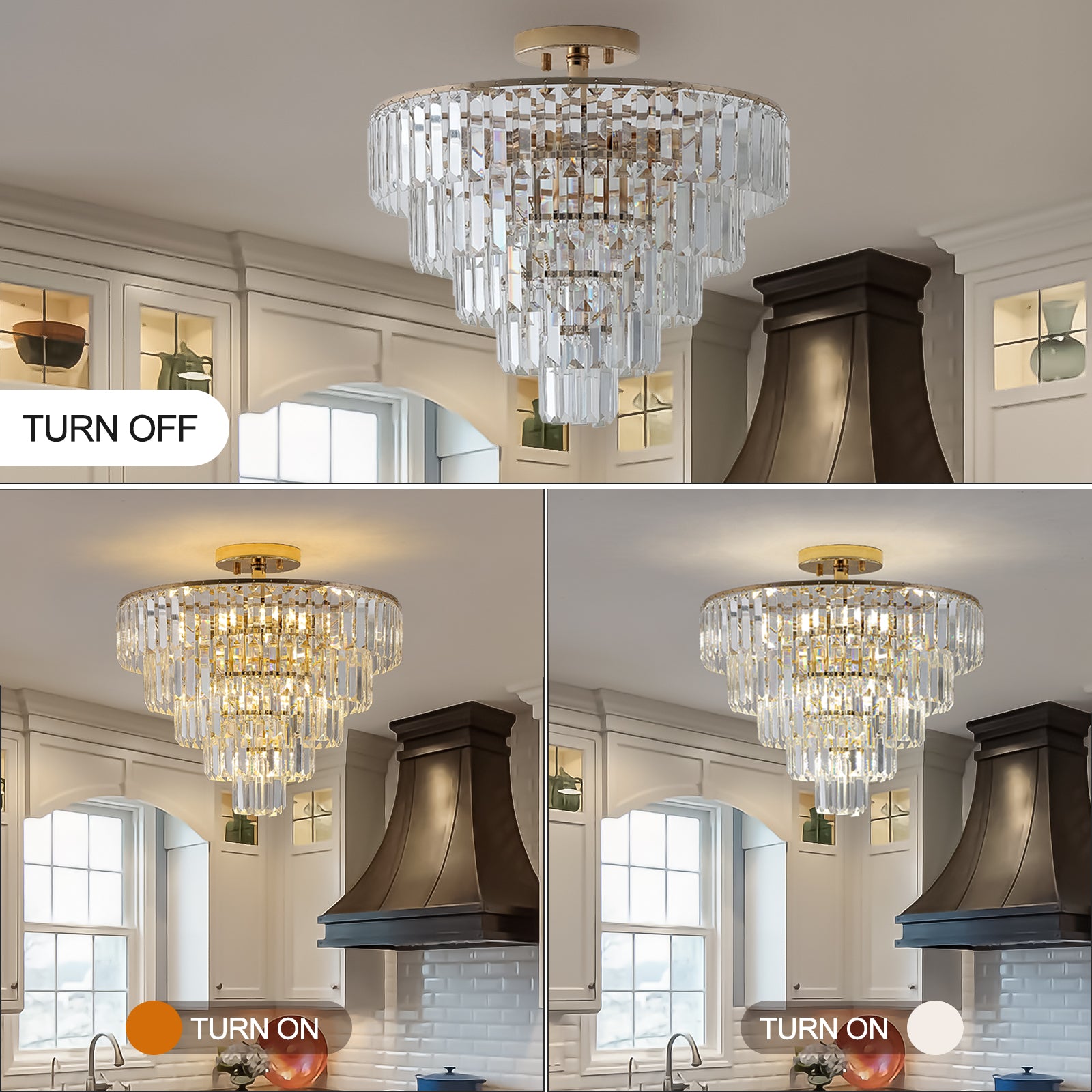 Gold Crystal Chandeliers,5-Tier Round Semi Flush Mount Chandelier Light Fixture